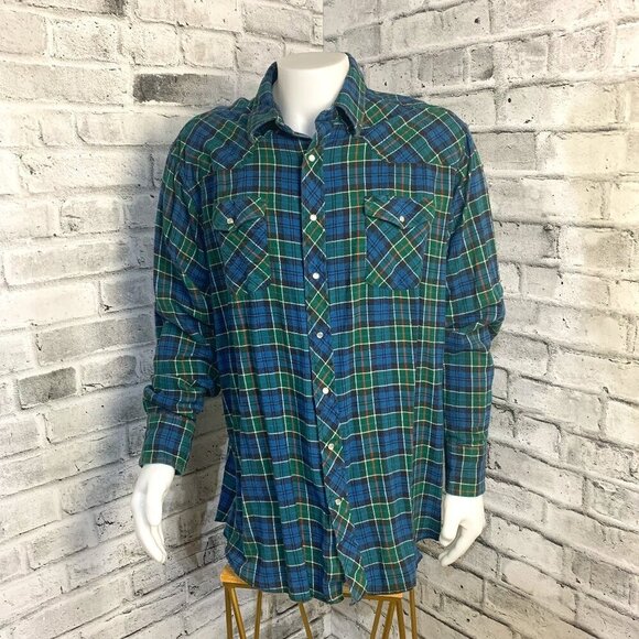 Wrangler Flannel Blue Green Plaid Pearl Snap Western Shirt - Picture 1 of 11